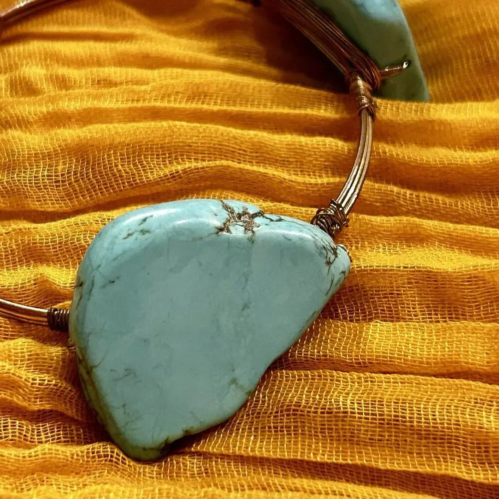 Handcrafted Copper Wire Bangle Bracelet Raw Turquoise Stones - Picture 2 of 7